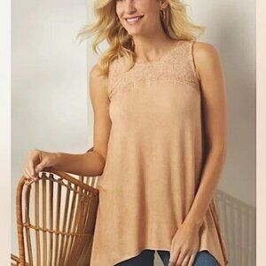 Soft Surroundings SZ M Pale Golden Washed Embroidered Tank Top Tunic